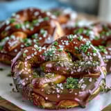 Shamrock-shaped pretzel bites with white chocolate and green sprinkles on a festive tray.