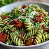 Creamy homemade pesto coats al dente pasta, mingling with sweet cherry tomatoes and arugula.  