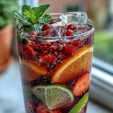 Refreshing spring sangria mocktail with white grape juice, citrus slices, and fresh mint leaves served over ice.