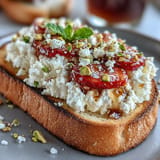 Elegant strawberry honey ricotta toast with a sprinkle of pistachios and lemon zest, perfect for a light snack or brunch.