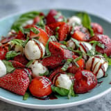 Juicy strawberry Caprese salad with basil, glistening with balsamic glaze.