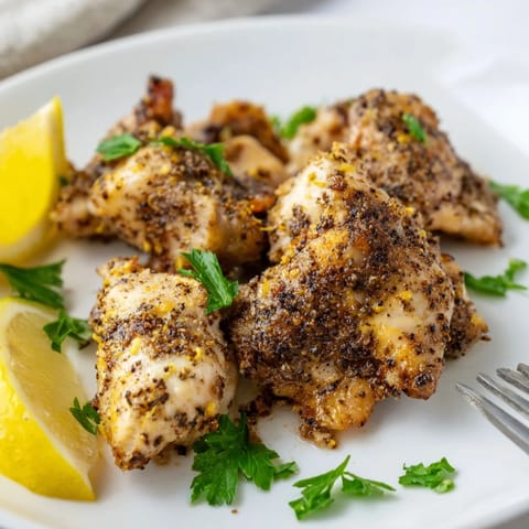 Juicy pan-seared Lemon Pepper Chicken slices fanned out on a wooden board, showcasing tender meat with zesty lemon and cracked pepper seasoning.