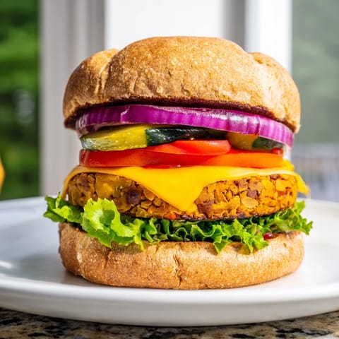 Homemade veggie burger patty with melted cheddar, lettuce, and tomato on a toasted whole wheat bun.