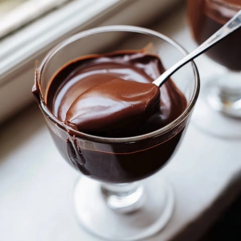 Silky Chocolate Pudding garnished with fresh berries, served in a clear dessert glass.
