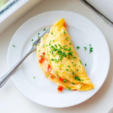 Omelet with Cheese in a skillet, topped with fresh chives and served alongside crusty bread.