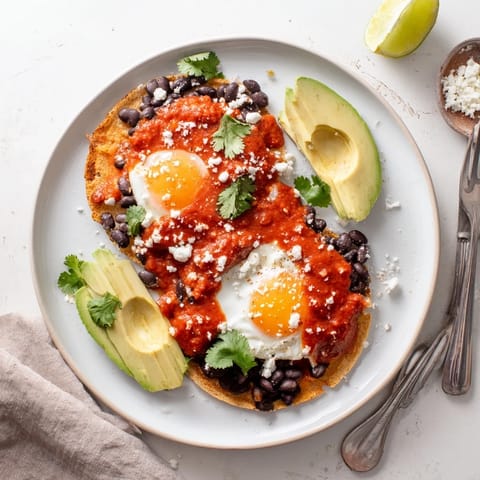 Breakfast Huevos Rancheros topped with creamy avocado slices, crumbled feta cheese, and fresh cilantro.