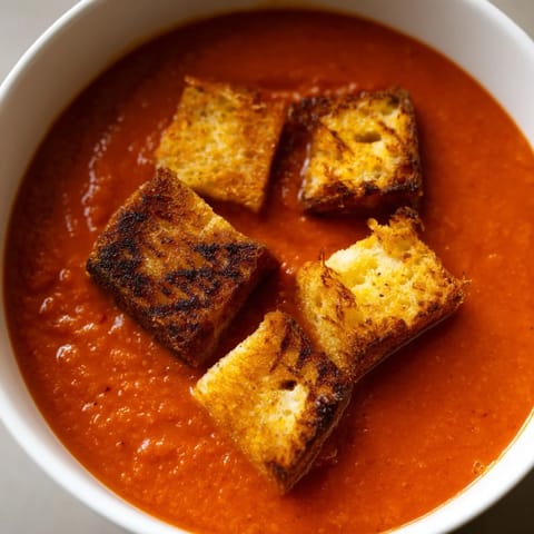 Golden grilled cheese croutons float atop velvety roasted tomato soup, creating a delicious contrast of crispy bread and creamy, savory flavors perfect for a cozy family dinner.