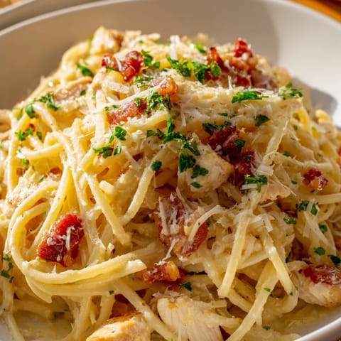 A plated serving of homemade chicken carbonara, featuring spaghetti coated in a rich Parmesan-egg sauce with bacon and chicken.