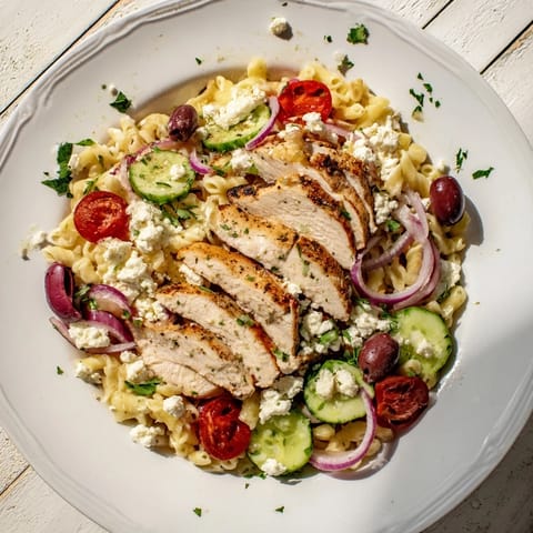 Close-up of Greek Chicken Pasta Bowl featuring tender lemony chicken, crisp cucumbers, and a light vinaigrette glistening on the pasta.