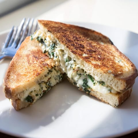 The Artichoke Spinach Grilled Cheese rests on a white plate, featuring a thick filling of chopped spinach and artichoke hearts.  