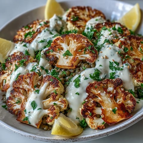 Golden roasted cauliflower with bright lemon lentils and creamy cumin tahini yogurt.