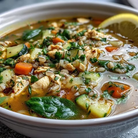 Soothed by warm turmeric chicken and pearl barley, garnished with fresh parsley.