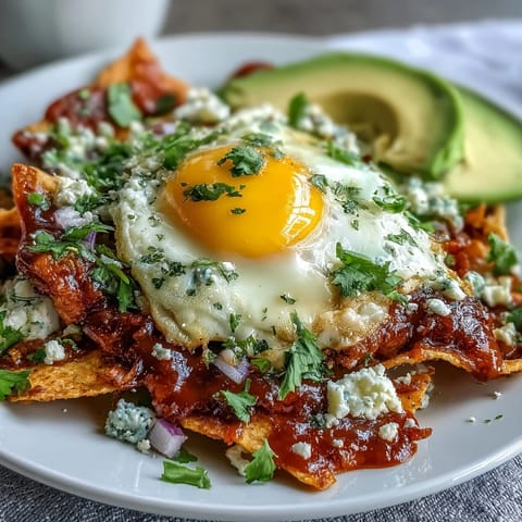 Vibrant chilaquiles with a runny egg and fresh garnishes atop savory salsa-coated chips.