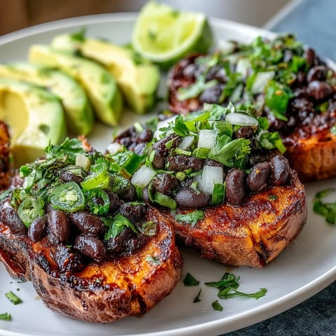 Roasted sweet potatoes piled high with smoky chipotle black beans and zesty salsa.