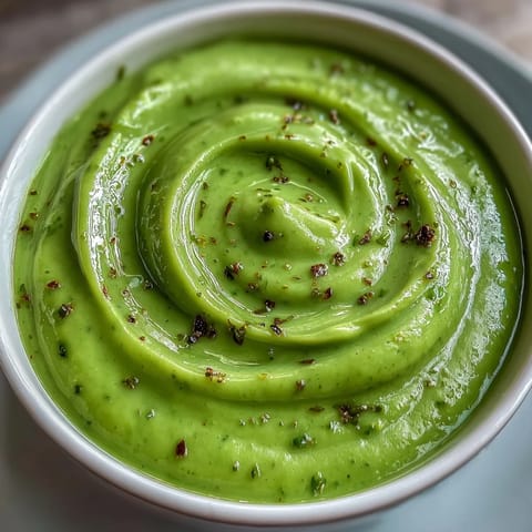 Fresh courgette, pea, and pesto soup, perfect for a light, spring meal.