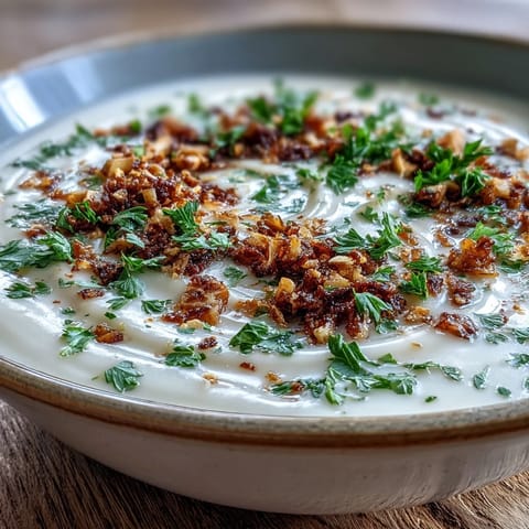 Creamy roasted celeriac soup with hazelnut crumble served hot in a rustic bowl.