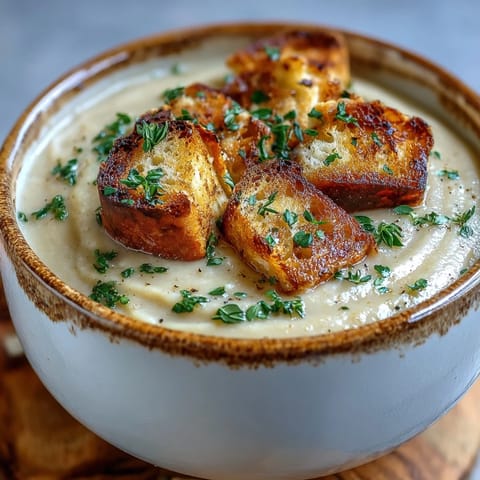 Creamy roasted garlic soup garnished with parsley and served in a rustic bowl, steaming and velvety.