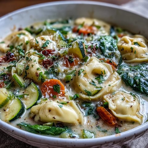 Creamy Vegetable Tortellini Soup steaming in a bowl, showcasing tender pasta, carrots, and spinach in a rich, velvety broth.