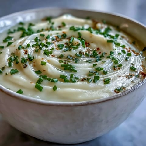 A spoon dips into velvety Creamy Celery Root Bisque served warm with a crusty baguette slice.