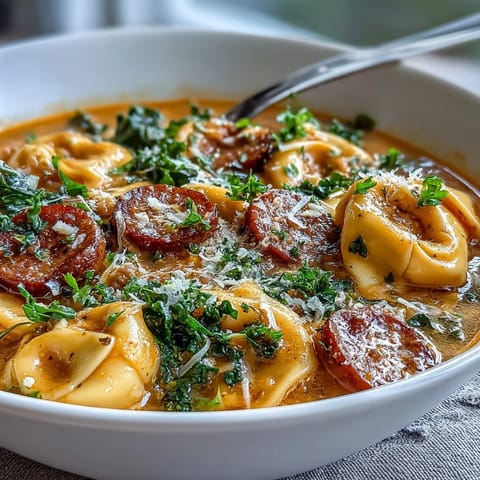 Creamy Pumpkin Tortellini Soup with chicken sausage and wilted kale served steaming in a rustic bowl with Parmesan garnish.