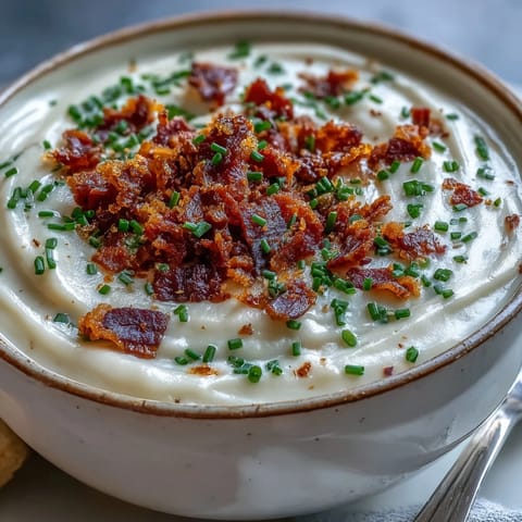 Creamy Celeriac Soup with Crispy Bacon in a rustic bowl, garnished with fresh chives and golden bacon crumbles.