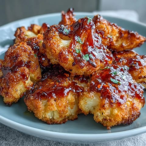 Savory Crunchy Baked Hot Honey Cauliflower florets arranged on a platter with fresh herbs and ranch dip.