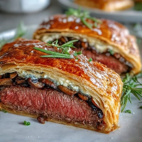 Perfectly seared beef fillet wrapped in prosciutto and mushroom duxelles, encased in golden, flaky puff pastry, showcasing this Beef Wellington.