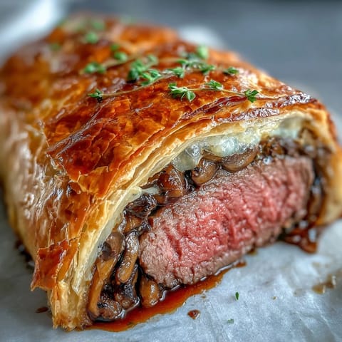Freshly baked Beef Wellington rests on a wooden board, revealing a tender pink center when sliced, ready to serve.