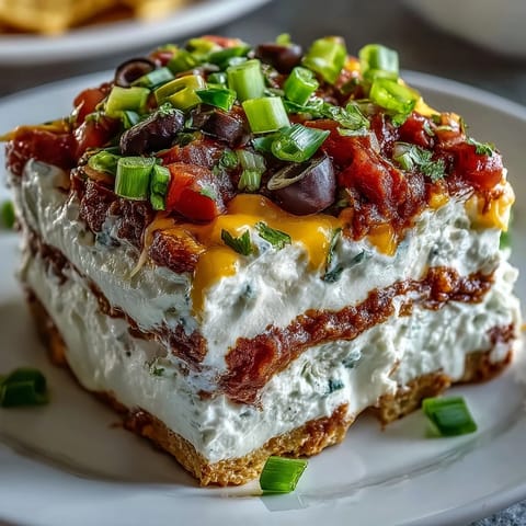 Savory 4-Way Layered Dip in a clear glass bowl, revealing colorful layers and topped with black olives and green onions.