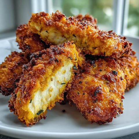 Crispy Turmeric Chicken Tenders fried and golden-brown on a plate with fresh lemon wedges.
