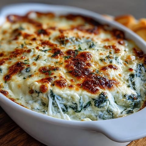 Golden baked Spinach Artichoke Dip in a white dish, bubbling with melted mozzarella and golden Parmesan crust. Served warm with tortilla chips ready for dipping.
