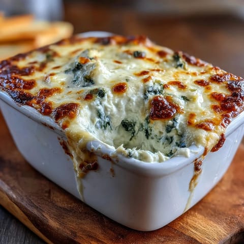 Freshly baked Spinach Artichoke Dip with creamy texture, featuring visible spinach and artichoke chunks, garnished with herbs. Placed beside a glass of white wine.
