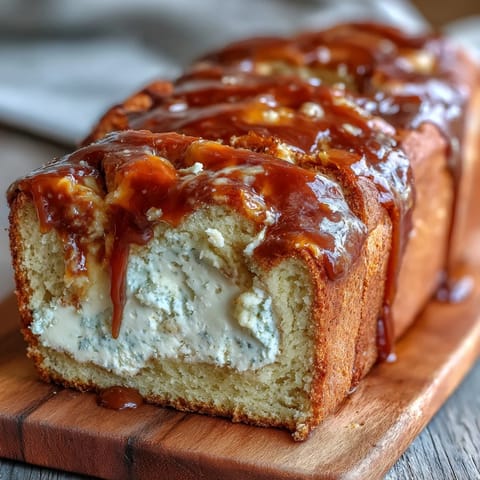 Freshly baked Caramel Cream Cheese Bread on a white plate, showcasing a sweet caramel swirl and moist crumb.