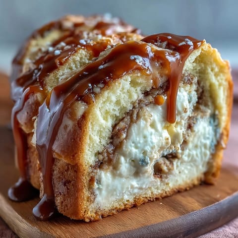 A close-up slice of Caramel Cream Cheese Bread reveals a creamy cheesecake-like center and rich caramel ribbon.