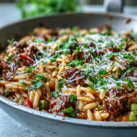 A bubbling skillet of Comforting Ground Beef Orzo Dinner with melted Parmesan, fresh parsley garnish, and steam rising from the saucy pasta.