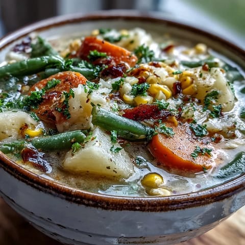 Creamy Amish Snow Day Soup with tender vegetables and thyme, served steaming in a rustic bowl.