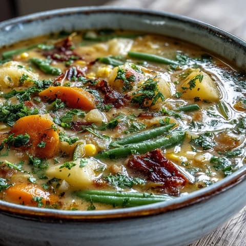 A ladle of hearty Amish Snow Day Soup pours over fresh parsley, next to crusty bread.