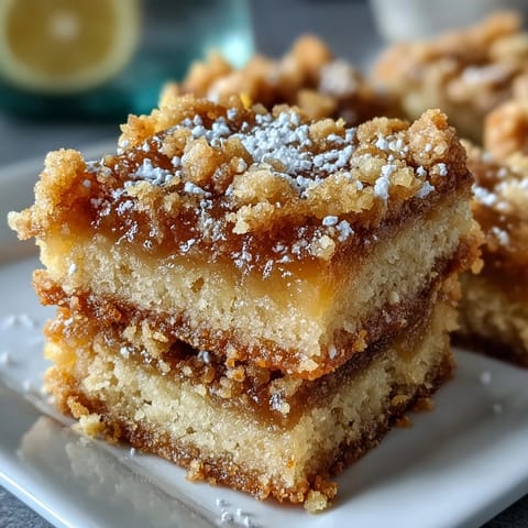 Homemade Lemon Crumb Bars are freshly cut and dusted with powdered sugar, revealing a bright, tangy lemon filling and golden, buttery crumb topping.