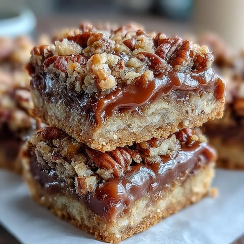A close-up of Decadent Sweet and Chewy Turtle Bars showcasing toasted pecans and caramel swirls.