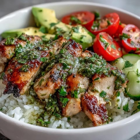 Close-up of tender, grilled Chimichurri Chicken Bowl with fluffy rice, diced cucumbers, cherry tomatoes, avocado slices, and a drizzle of bright green herb sauce.
