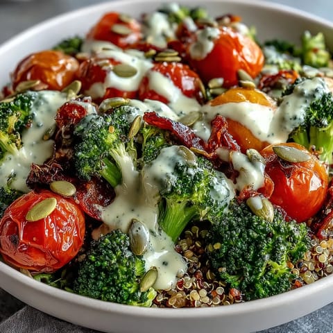 A vibrant Vegetable and Legume Bowl with roasted broccoli, bell peppers, and creamy avocado over quinoa.
