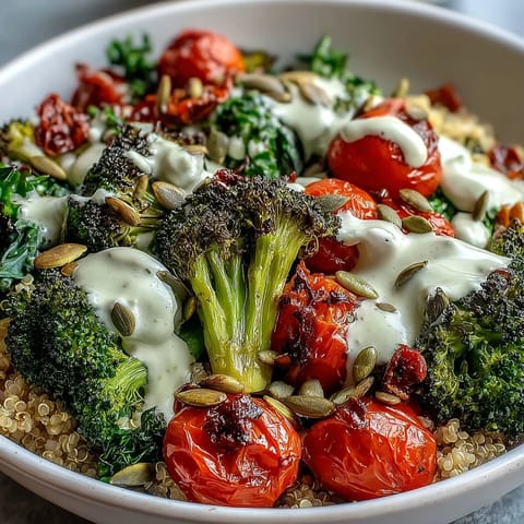 Close-up of a wholesome Vegetable and Legume Bowl drizzled with tahini dressing and topped with pumpkin seeds.