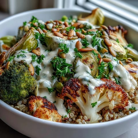 Golden roasted broccoli, cauliflower, and Brussels sprouts over fluffy quinoa, drizzled with creamy tahini-lemon dressing in a vibrant bowl.  
