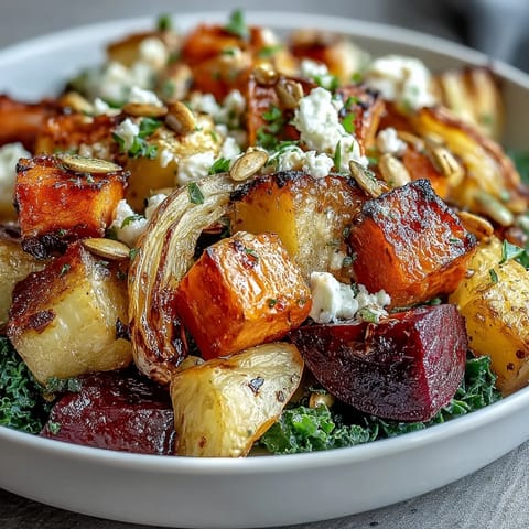 Golden roasted root vegetables like carrots, parsnips, sweet potato, and beet are arranged over massaged kale in a white bowl.  