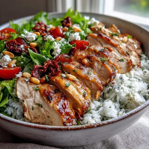 Freshly grilled chicken marinated in herbs and sun-dried tomatoes sits atop fluffy white rice in this Sun-Dried Tomato Chicken Bowl.