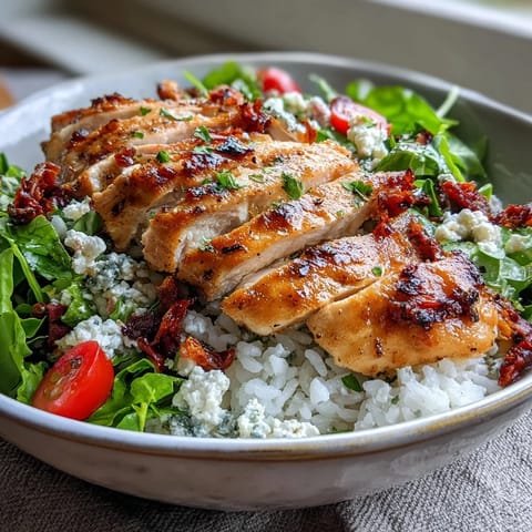 Golden sliced chicken and bright cherry tomatoes rest on rice and greens for a vibrant Sun-Dried Tomato Chicken Bowl.