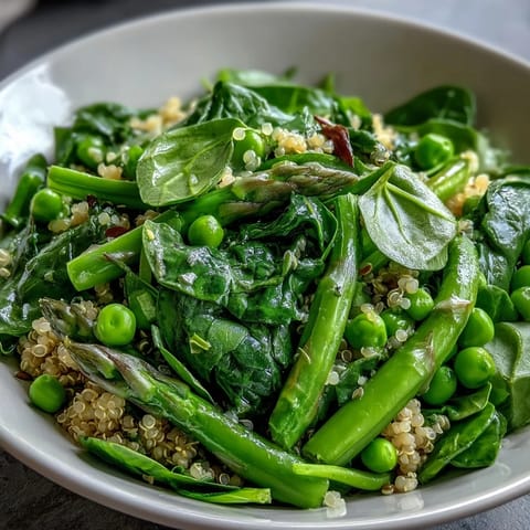 Bright green peas, crisp asparagus, and tender spinach on fluffy quinoa, drizzled with zesty lemon dressing in a vibrant Spring Green Bowl.