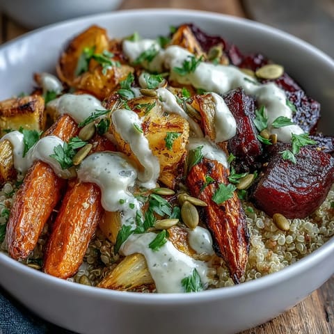 Vibrant roasted root vegetable bowl with caramelized turnips and parsnips, fluffy quinoa, and a glossy tahini drizzle for a wholesome meal.  
