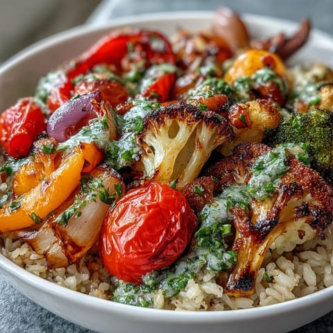 Colorful roasted vegetables like red bell peppers and purple cauliflower rest on fluffy brown rice, finished with a vibrant green herb sauce.  