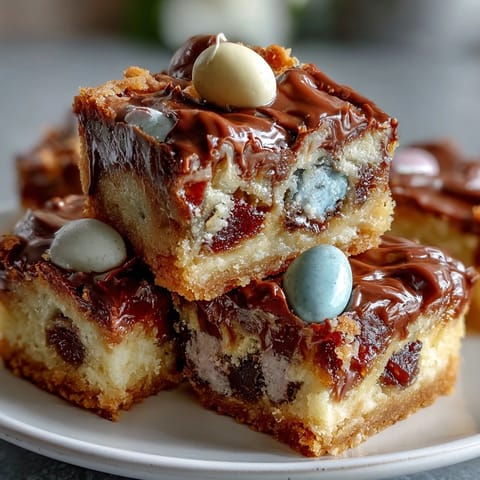 Golden Cadbury Egg blondies with white chocolate drizzle, chewy and festive for spring gatherings.